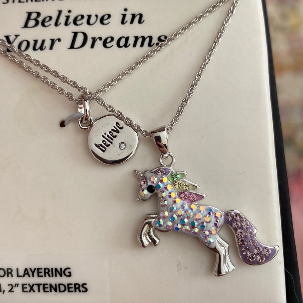Unicorn Believe in Your Dreams necklace set Sterling Silver plated